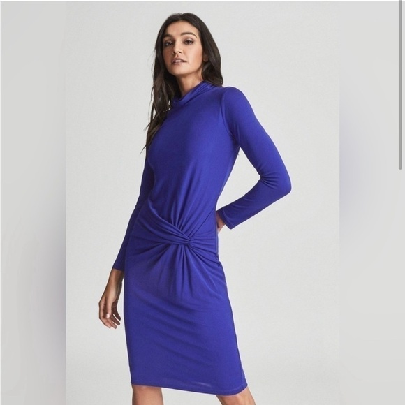 Reiss Freya Twist Drape Long-Sleeved Viscose Bodycon Dress - Picture 1 of 7